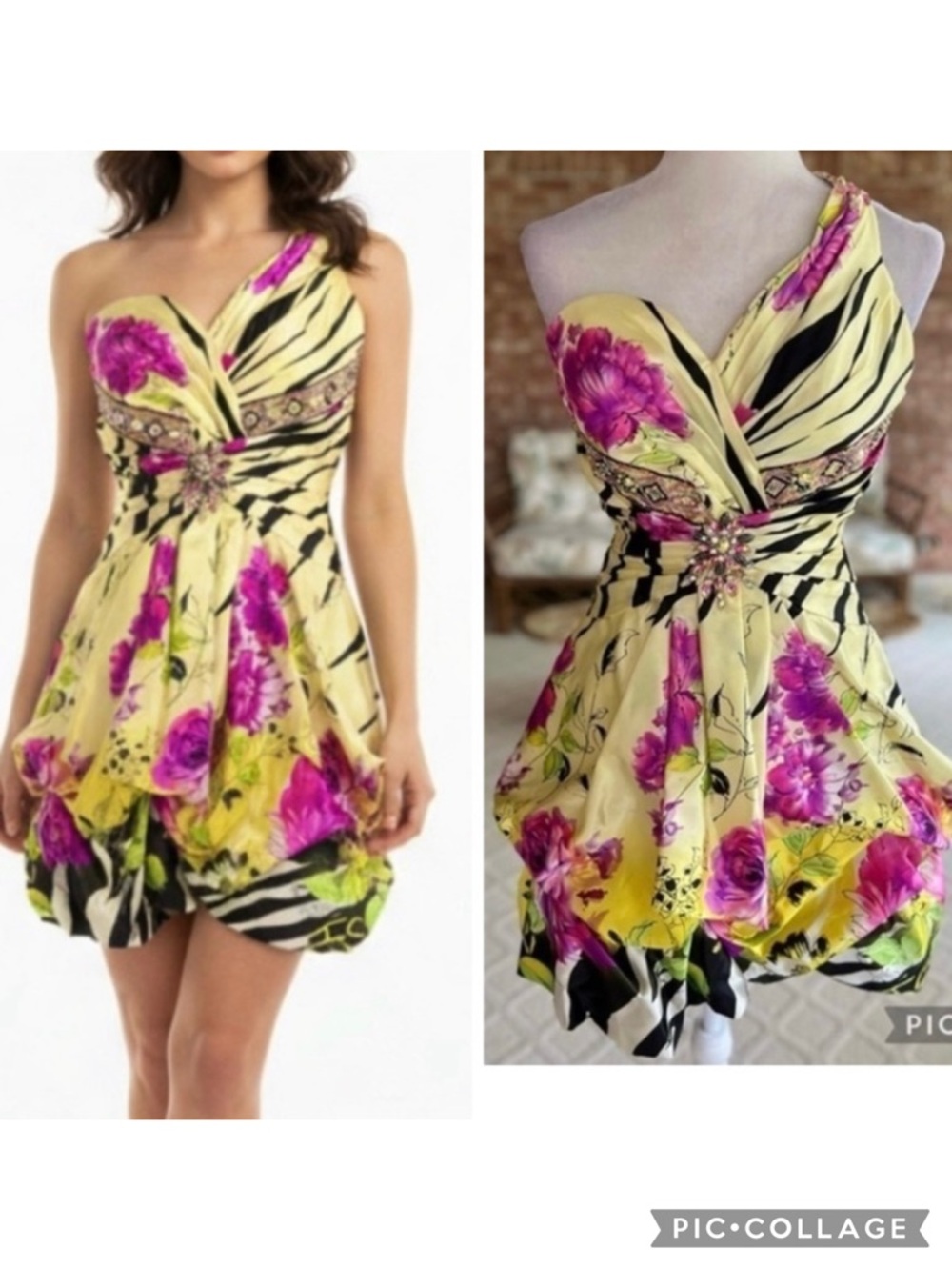 Riva Designs Dress Mini Satin XS Floral One Shoulder Yellow Multi Beaded Bubble